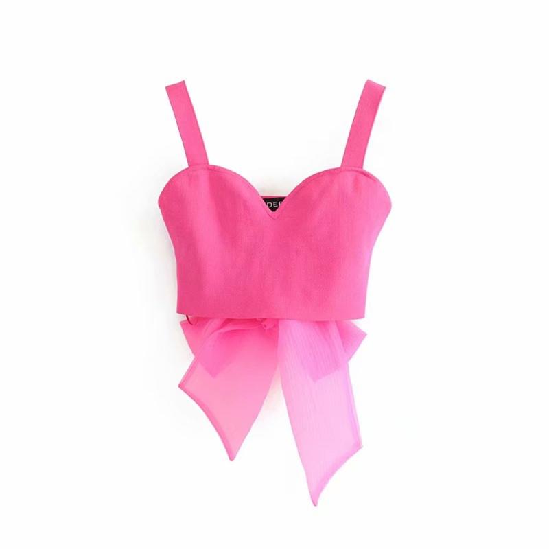 

Women' Tanks & Camis 2021 Summer V-neck Shoulder Strap Organza Stitching Bow Short Knit Top Vest, Fuchsia