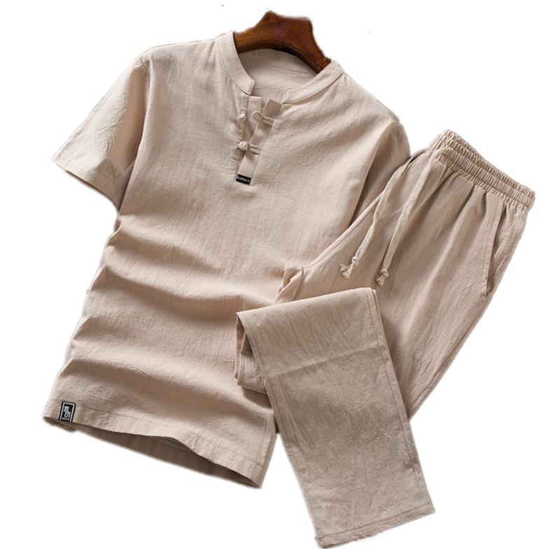 

Men's Tracksuits Quality Summer Thin Cotton And Linen Short Sleeve Suit Men Casual Sportswear Slim Short-sleeved T-shirt + Trousers, Gray