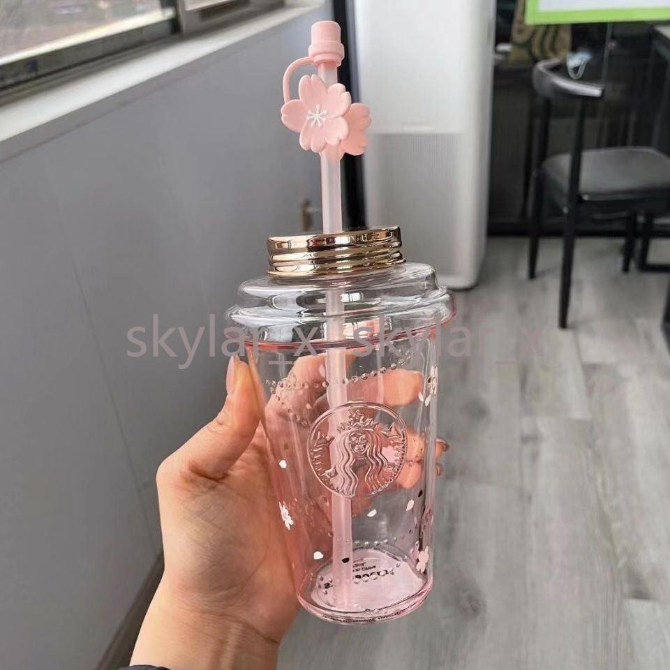 

473ML Large Capacity Limited Edition Starbucks Mug Gradient Cherry Blossom Glass Original Cup with Cute Straw, Pink