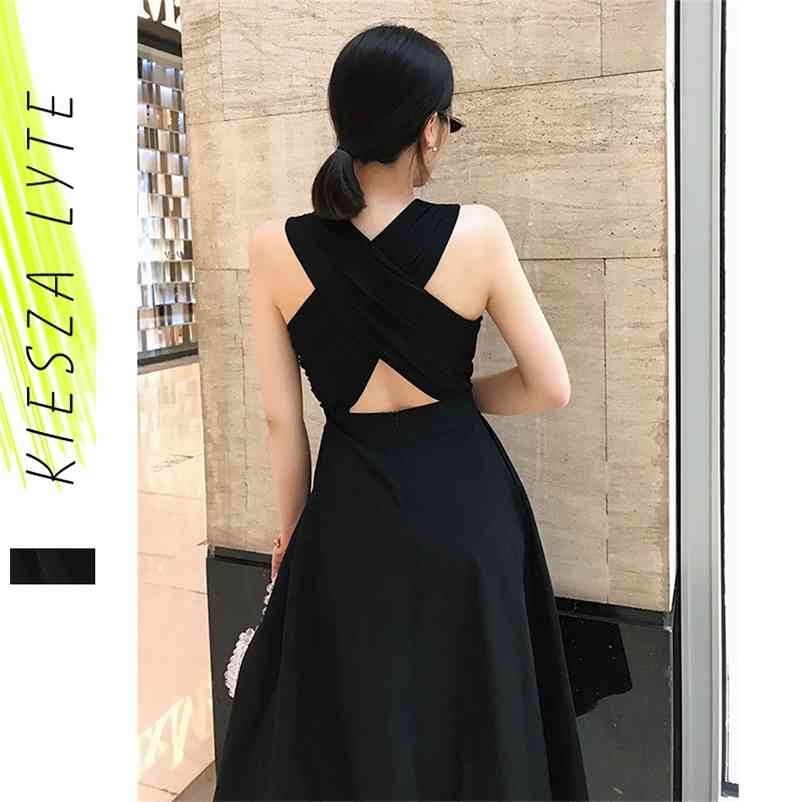 Femmes Summer Sexy Robe Elegant Hepburn Style Black Sans manches Sans Cross MIDI A LIGNE DES RHES