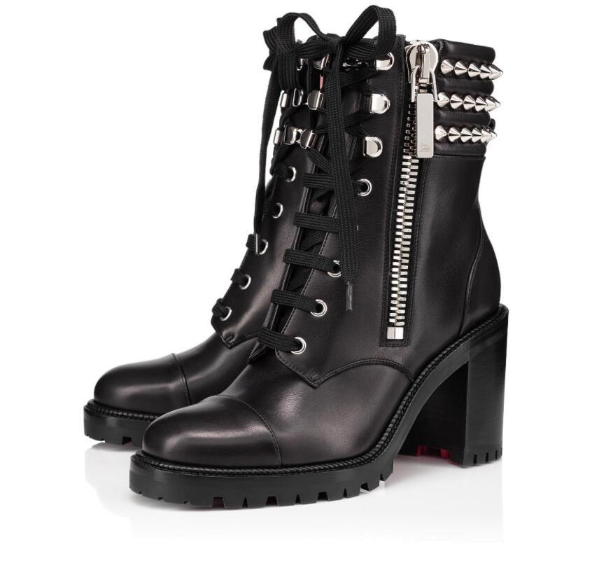 

2021 Luxury Famous Winter Spikes Red Bottom Ankle Boots Women's Motorcycle Booties Lug Sole Booty Elegant Leather Bootie Lady High Heels