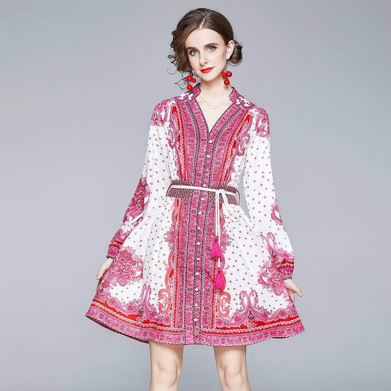 

Autumn Fashion Runway Mini A-Line Dress Women's Long Lantern Sleeve V-Neck Red Floral Print Tassles Belted Party Holiday Dress, Black;gray