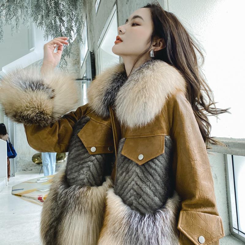

Women's Fur & Faux OFTBUY 2021 Real Natural Mink Leather Down Jacket Coat Winter Women Sheepskin Luxury Warm Streetwear, Black