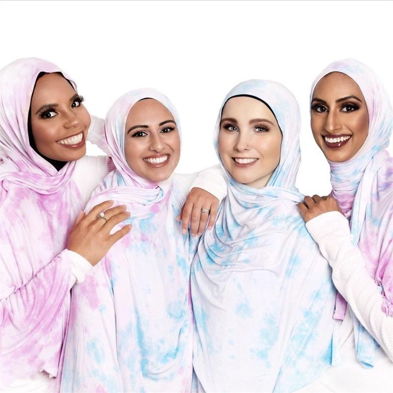 

Scarves 2021 Est Printed Cotton Jersey Hijab Candy Color Tie-dye Stretchy Pastel Scarf Products, Blue;gray