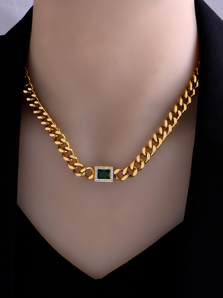 

Light Luxury Emerald Necklace Titanium Steel Retro Clavicle Chain European and American Hip Hop Cuban Pendant Necklaces bracelet&earrings set