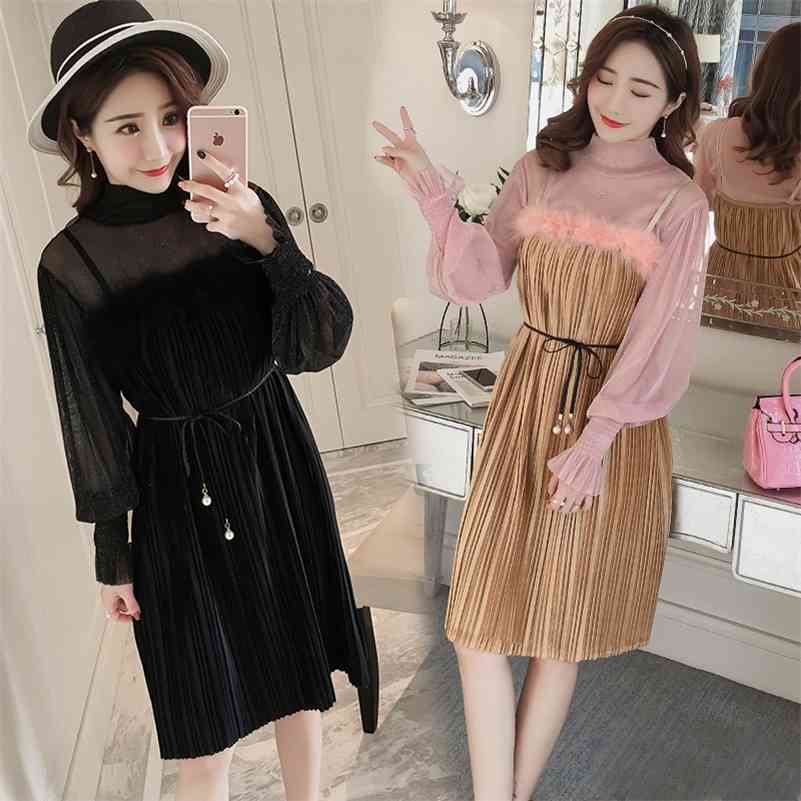 

9188 spring maternity velvet crimped skirt bottom two-piece set with Belt 210721, Black