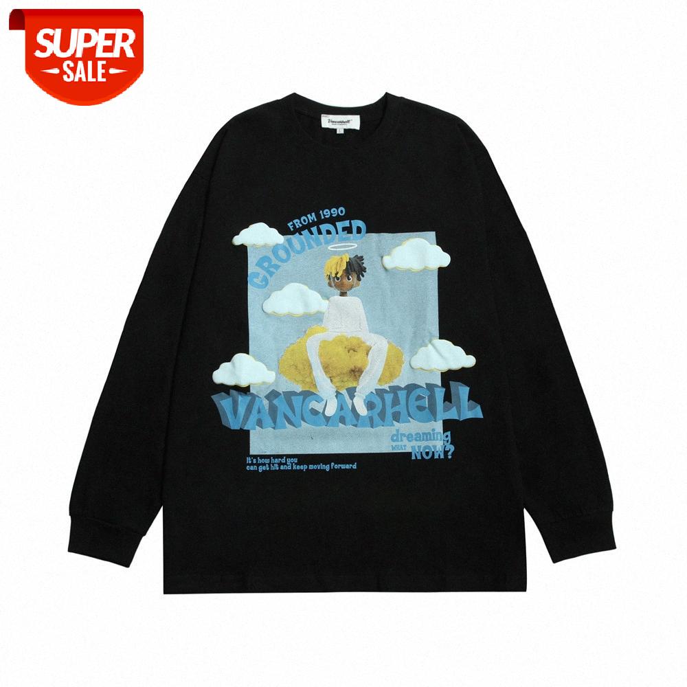 

Character printing long-sleeved t-shirt men's street flow loose bottoming shirt bf lazy round neck #zz4J, White;black