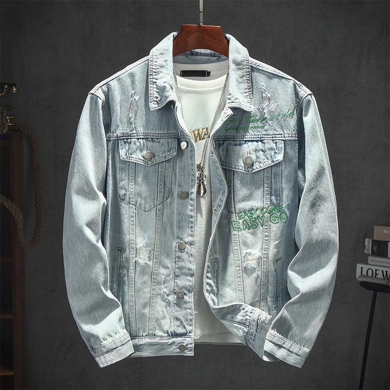 

Men's Jackets Autumn Embroidery Denim Jacket Fashion Brand Hip Hop Hole Coat Handsome Printed Tops Clothing, 68102