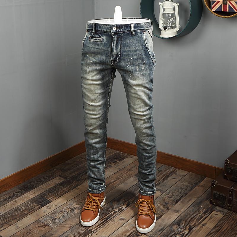 

Men's Jeans Italian Vintage Fashion Men High Quality Elastic Cotton Slim Fit Retro Ripped Painted Designer Denim Punk Pants, Retro blue