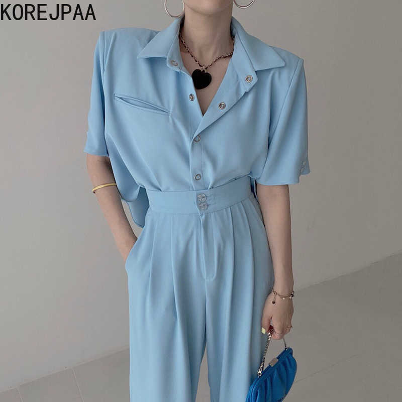 

Korejpaa Women Sets Summer Ladies French Temperament Lapel Loose Back Printed Letter Coat High-Waisted Wide-Leg Trousers 210526, Lattice