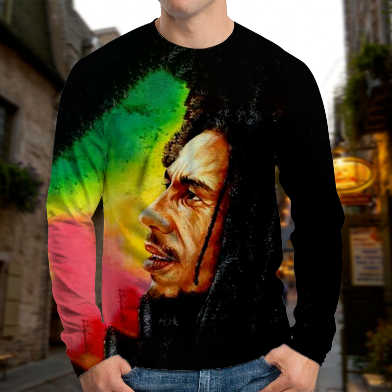 

Men's European and graffiti side face printing 3D T-shirt tops Street wear round neck high-quality long-sleeved XL printing daily tops, White;black