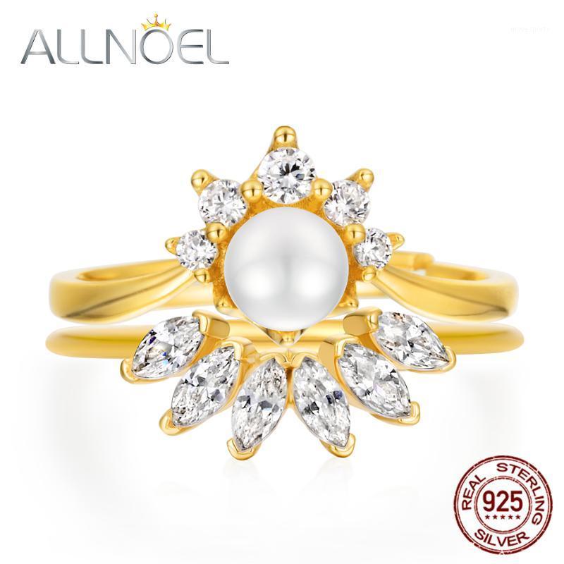 

Cluster Rings ALLNOEL 925 Sterling Silver Stacking Pearl Gemstone 5A Zircon Diamond Real Gold Plated Wedding Engagement Stackable Ring1