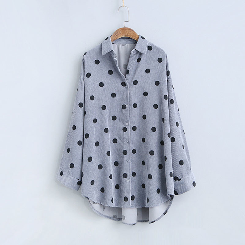 

Johnature Corduroy Shirts Women Style Fashion Casual Long Sleeve Dot Female Spring Loose Korean Women Blouse Tops 210521, Gray