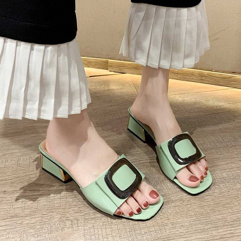 

Metal Decoration High Heel Slippers Women Open Toe Slides Summer Outdoor Candy Color Chunky Heel Slippers Women 2020 M2c9#, Light green