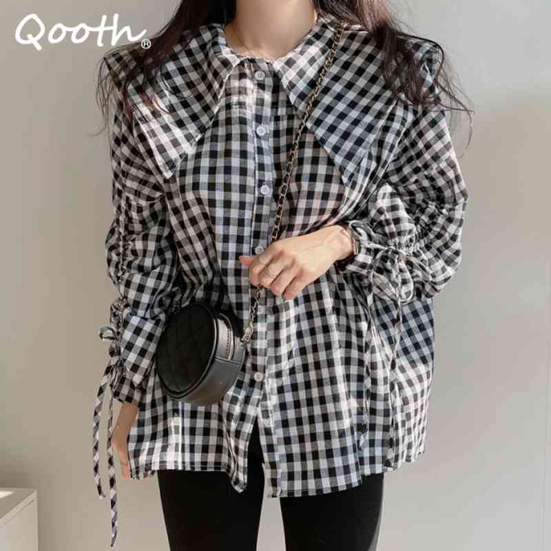 

Qooth Black White Plaid Retro Shirt Single Breasted Loose Puff Sleeve Shirt Drawstring Style Pull-Down Collar Womens Tops QT586 210518