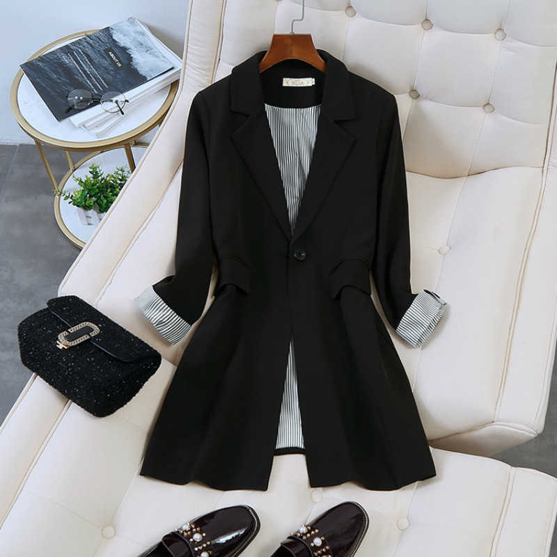 

High quality casual women's long jacket suit black Autumn and winter fashion plus size temperament ladies blazer 210527