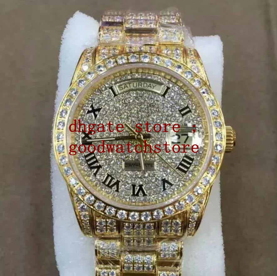

Mens Top Quality Watch 18k gold 36mm Day Date Roman dial President Asia 2813 Movement Mechanical Automatic Men Full of diamonds and stars Watches