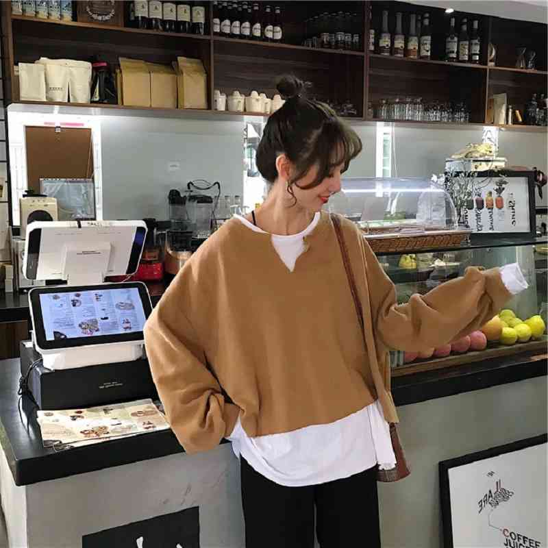 

Autumn 2020 new fake two piece top women's Korean loose and versatile student Pullover long sleeve sweater, Khaki