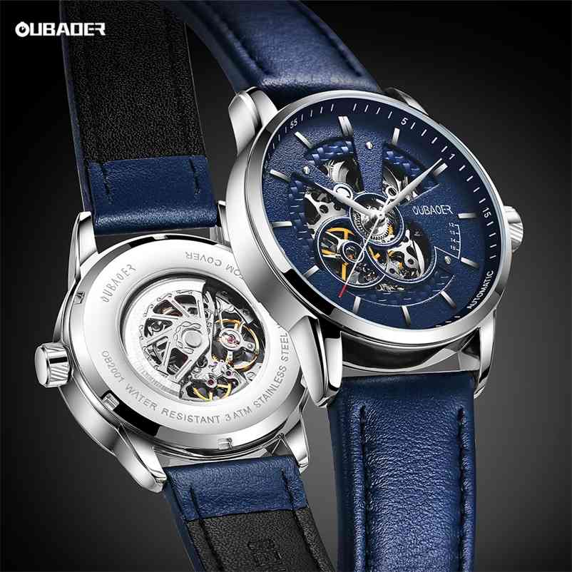 

OUBAOER Mens Watches Mechanical Automatic Top Brand Luxury Self Winding Leather Sport Wristwatch 210910, Blue