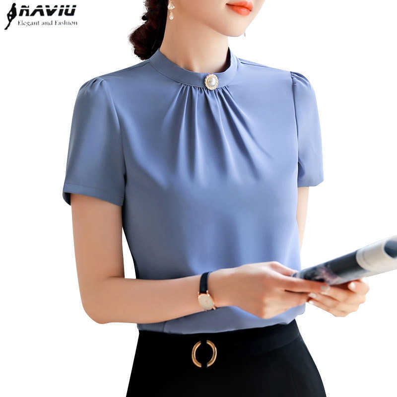 

Naviu Summer OL Ladies Temperament O Neck Shirt Fashion Formal Short Sleeve Slim Satin Blouse Office Work Tops 210604, Gray-blue