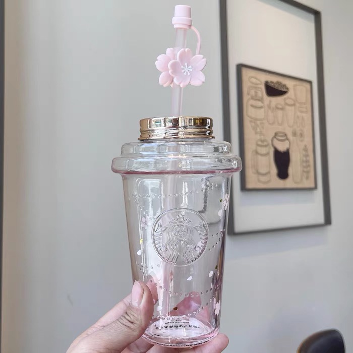 

The latest 16OZ Starbucks straw glass coffee mug with lid, cherry blossom goddess gradient style water cup, separate box packaging, support for custom logo, Write color after purchase