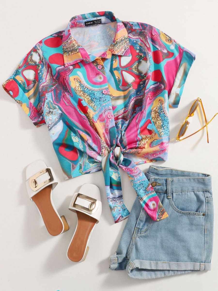 

Graphic Print Cuffed Sleeve Knot Hem Blouse 440z#, Multicolor