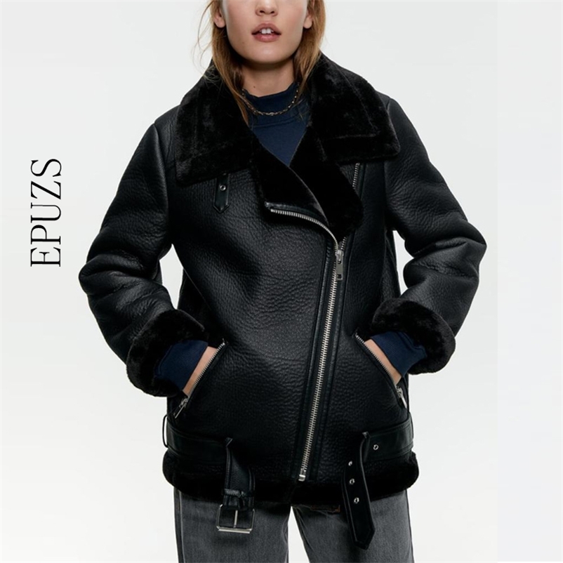 

winter loose black PU Leather Jacket women fur collar Motorcycle coat Streetwaer warm Biker jacket outwear 210521, White