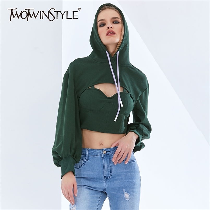 

Green Tunic Short Sweatshirt For Women Hooded Collar Long Sleeve Hollow Out Casual Tops Female Fashion 210524