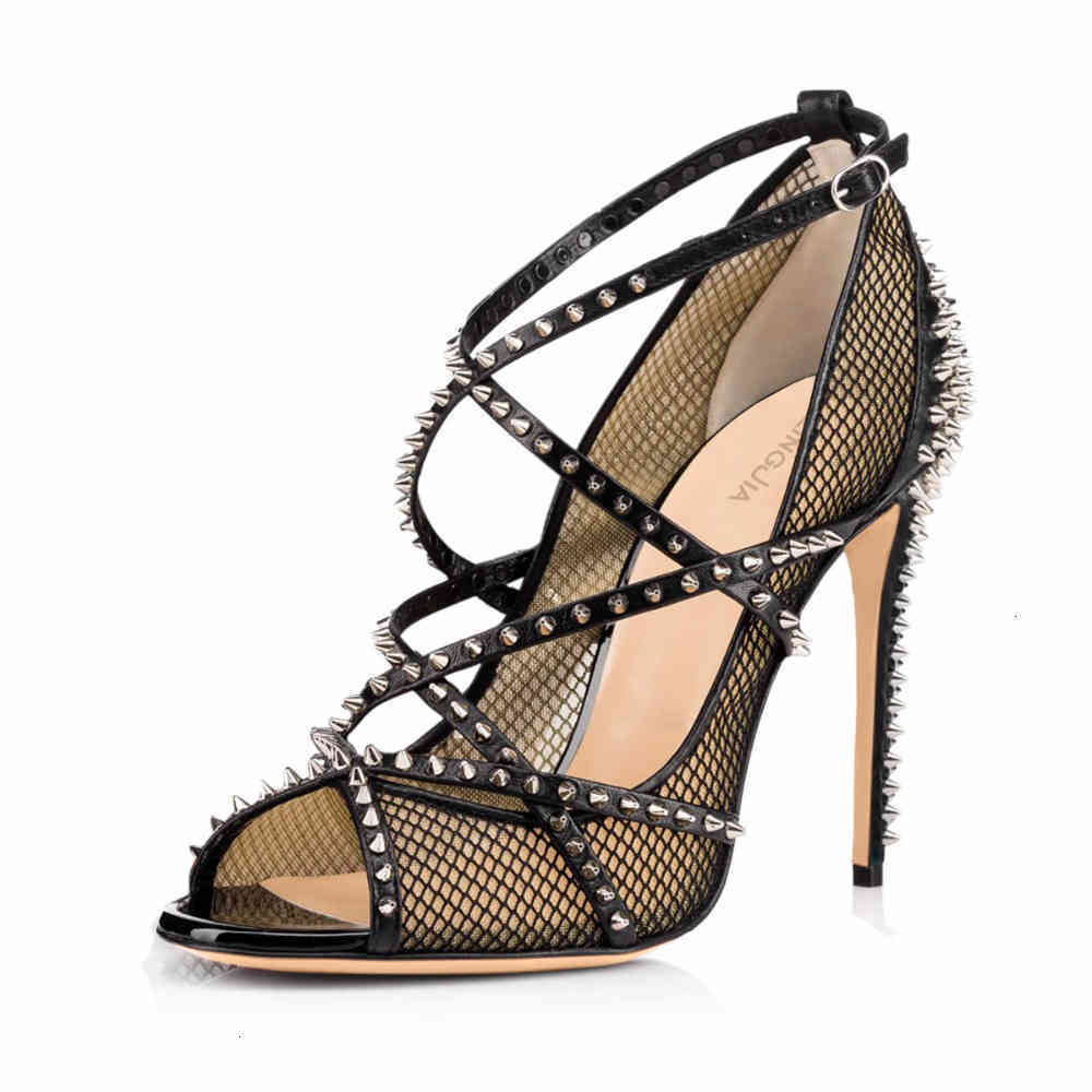 

high Slippers Sexy black fishnet heels with peep toe studded mesh straps stiletto heel pumps ladies naked PTKB, 1# shoe box
