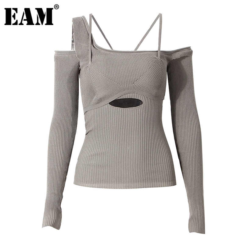 

[EAM] Hollow Out Gray Knitting Sweater Loose Fit Slash Neck Long Sleeve Women Pullovers Fashion Autumn Winter 1DD2267 211018, Black