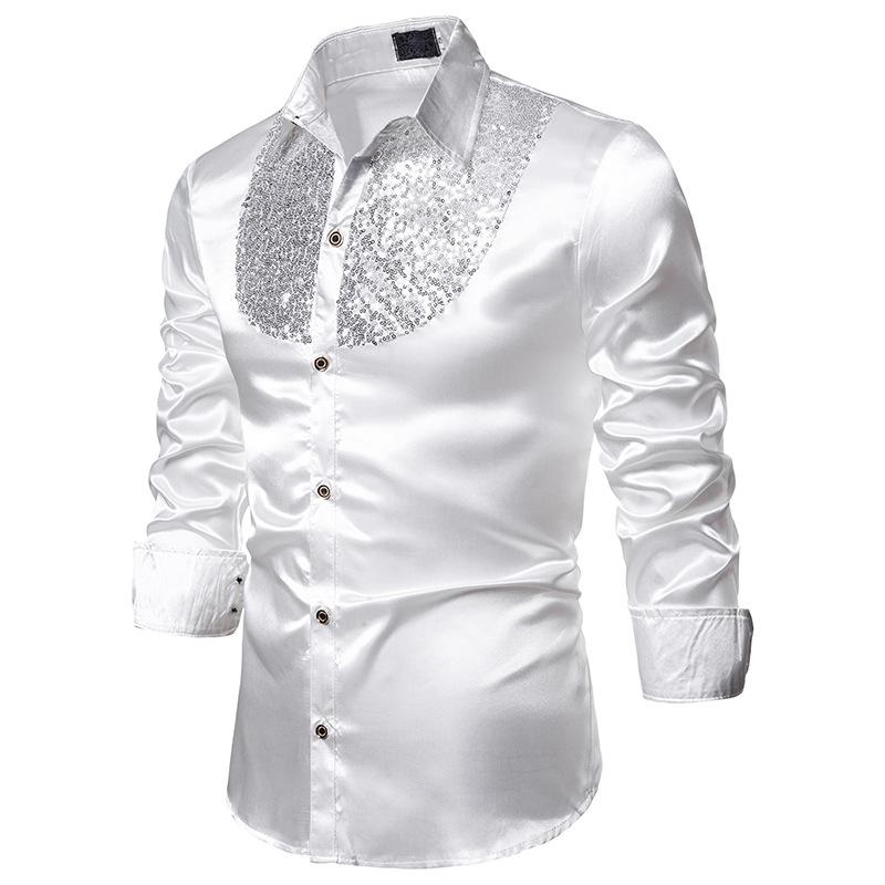 

Men' Casual Shirts White Silk Satin Dress Shirt Men Chemise 2021 Fashion Sequins Glitter Nightclub Mens Disco Dance Prom Bling Male, Navy