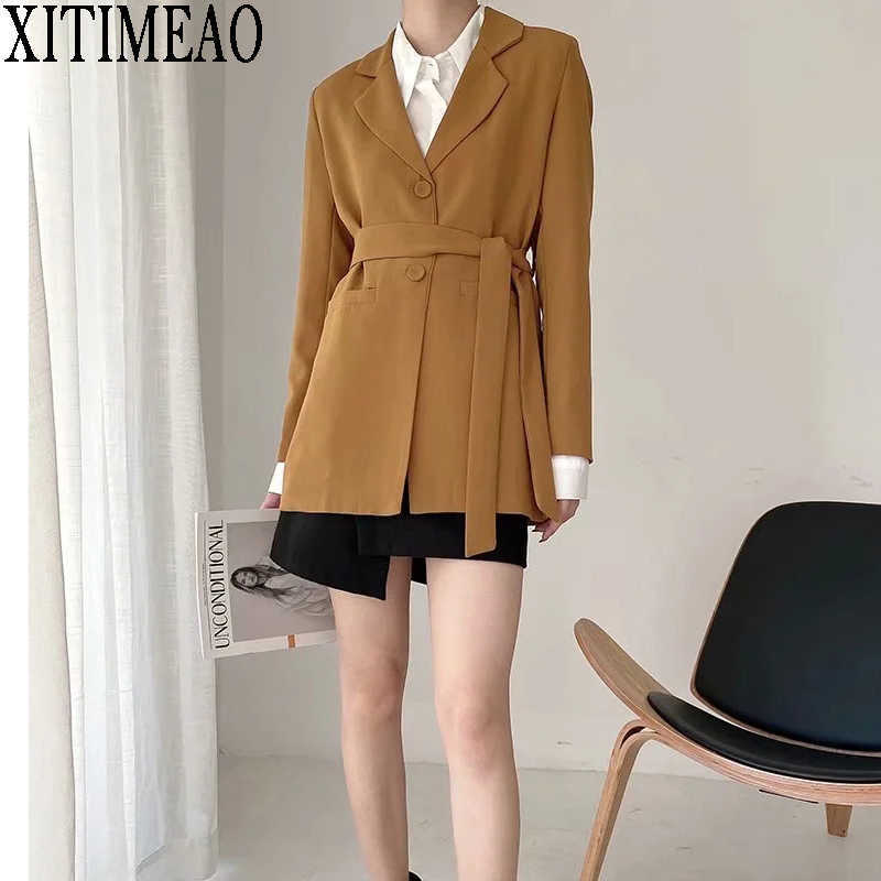 

XITIMEAO Women Casual Blazer Jacket Office Lady Pockets Slim Suit Coat Single Breasted Thick Ladies Business Blazers With Be 210602, Brown
