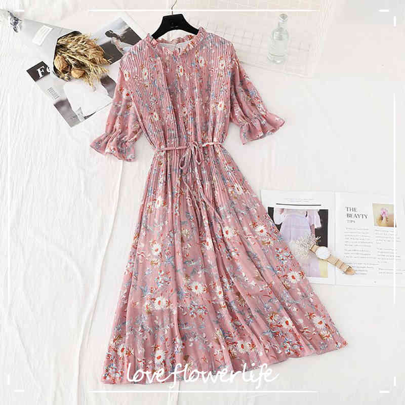 

Summer Chiffon Midi Dress Korean Floral Printing Ruffles Dresses Casual Short Sleeve Pleated Hem Elegant Party Vestidos 210521, Flowers 1