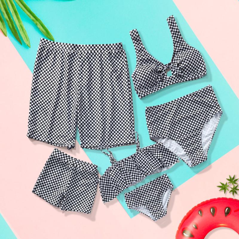 

One-Piece Suits 2021 Summer Sport Swimsuits Family Look Plaid Full Print Yellow Sets Matching Swimwear