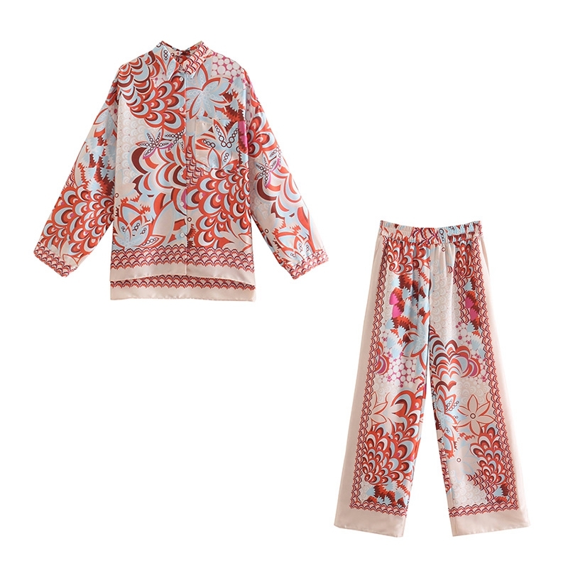 

Casual Floral Two Piece Shirt and Trousers Set Fashion Blouse Pants Womens Outfit High Waist 210525