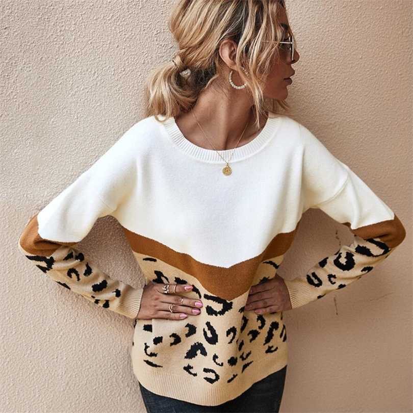 

Fashion Leopard Women Sweater Autumn Winter Ladies O-Neck Full Sleeve Casual Jumper Knitted Female Oversize Pullovers 211018, Khaki