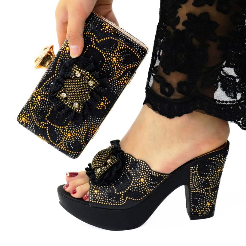 

Dress Shoes Slippers Design Italian Crystal And Metal Decoration Style Party Ladies Bag Set In Black Color