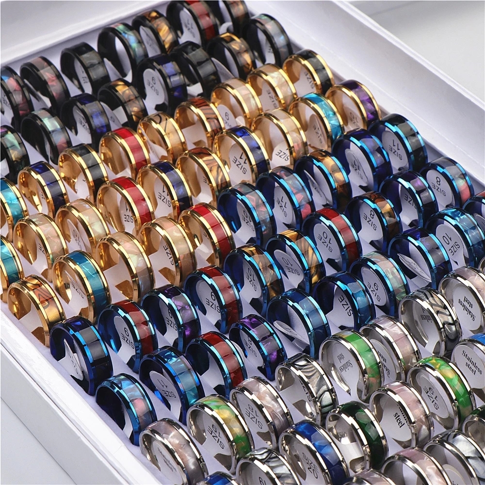 

Fashion Sparkling Multicolor Shell Stainless Steel Rings For Women Men Mix Style Wedding Party Finger Jewelry