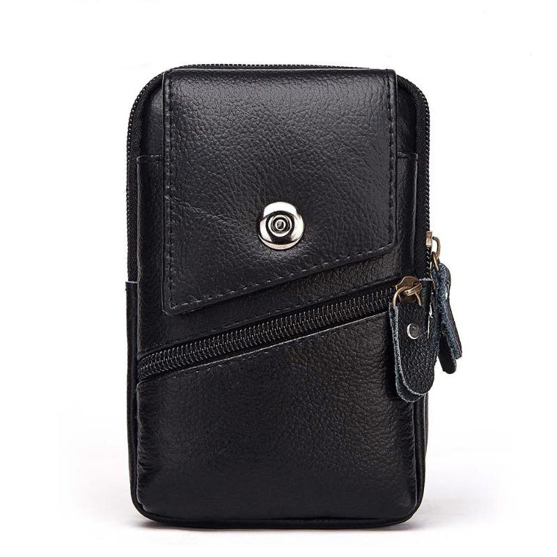 

Leather Mobile Phone Bag Double Zipper Fashion Wallet First Layer Cowhide Multifunctional Large Capacity Trendy Men's Waist Bags, Black