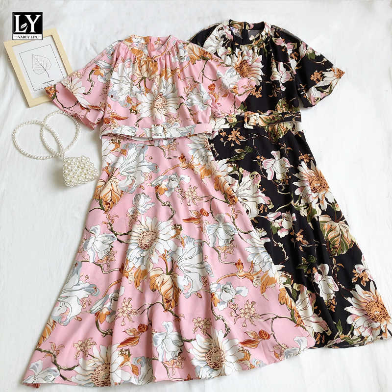 

LY VAREY LIN Summer Women Casual Flare Sleeve Loose Flora Dress Seaside Holiday Style O-neck Medium Long with Belt Female 210526