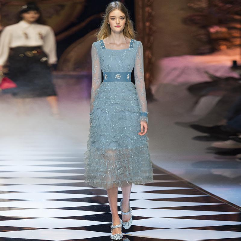 

Casual Dresses Gedivoen Elegant Fashion Runway Midi Dress Women Long Sleeve Mesh Cascading Ruffle Elastic Waist Autumn Lady, Sky blue