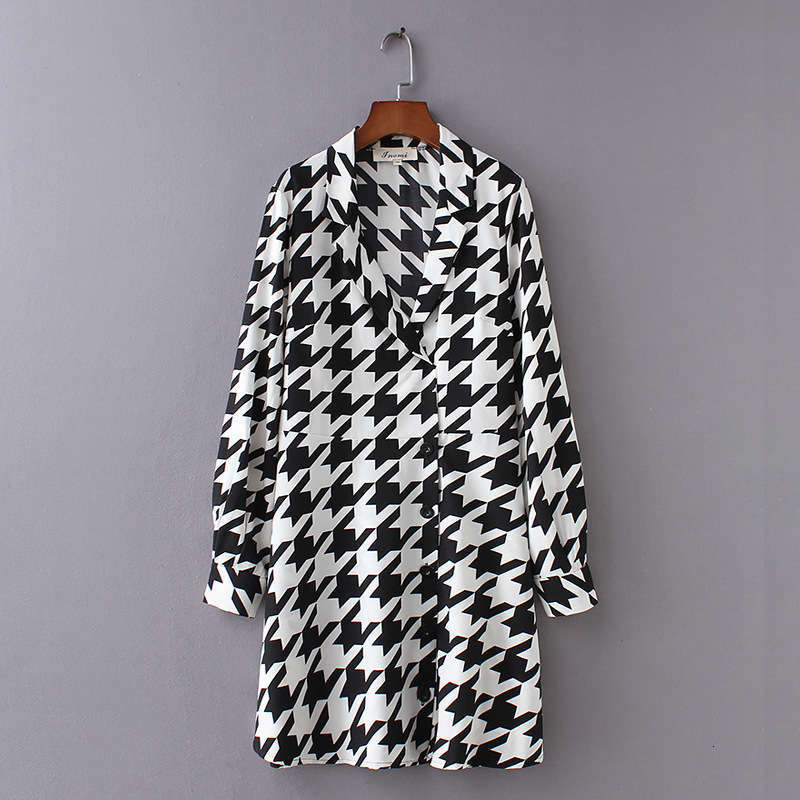 

Wind Casual Dresses autumn winter women's style thousand bird lattice show thin long sleeve dress, Black;gray