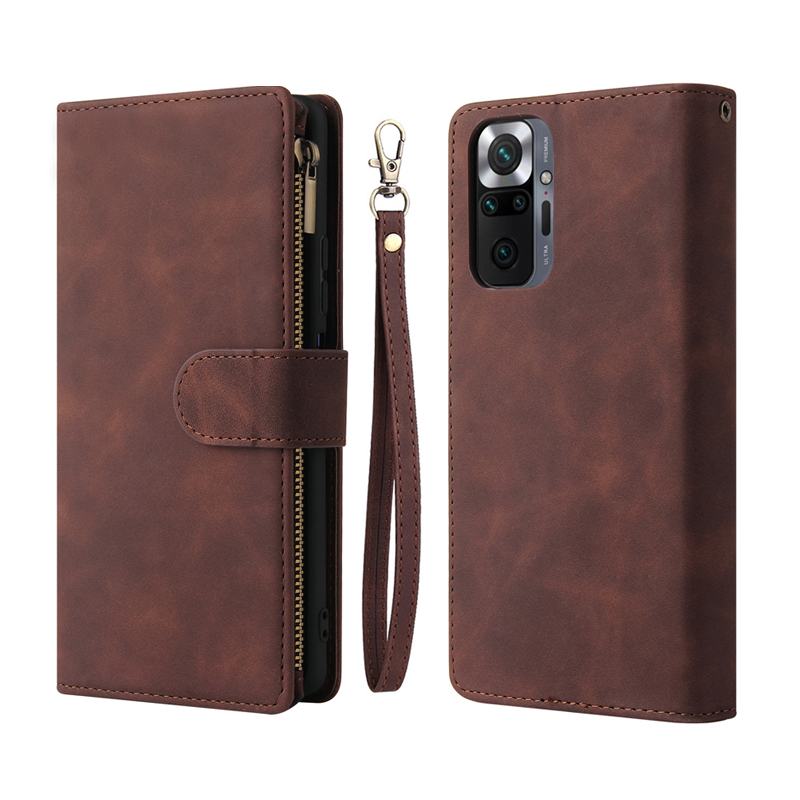 

Luxury Zipper Flip Leather Cases for Redmi Note 7 8 9 Pro 7a 8a 8t 9a 9c 9s 10x-4G K30-Pro Multi Card Slots Cover Prevent Bumps With Phone Strap, Brown