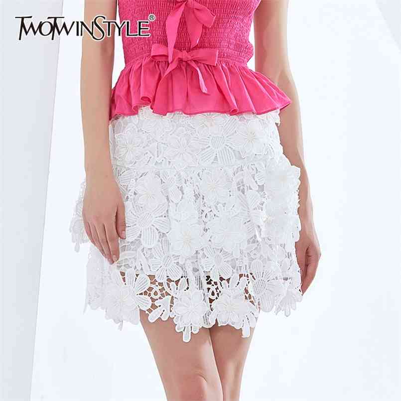 

Hollow Out Lace Skirt For Women High Waist Floral Sweet White Skirts Female Spring Fashion Clothing 210521, Black