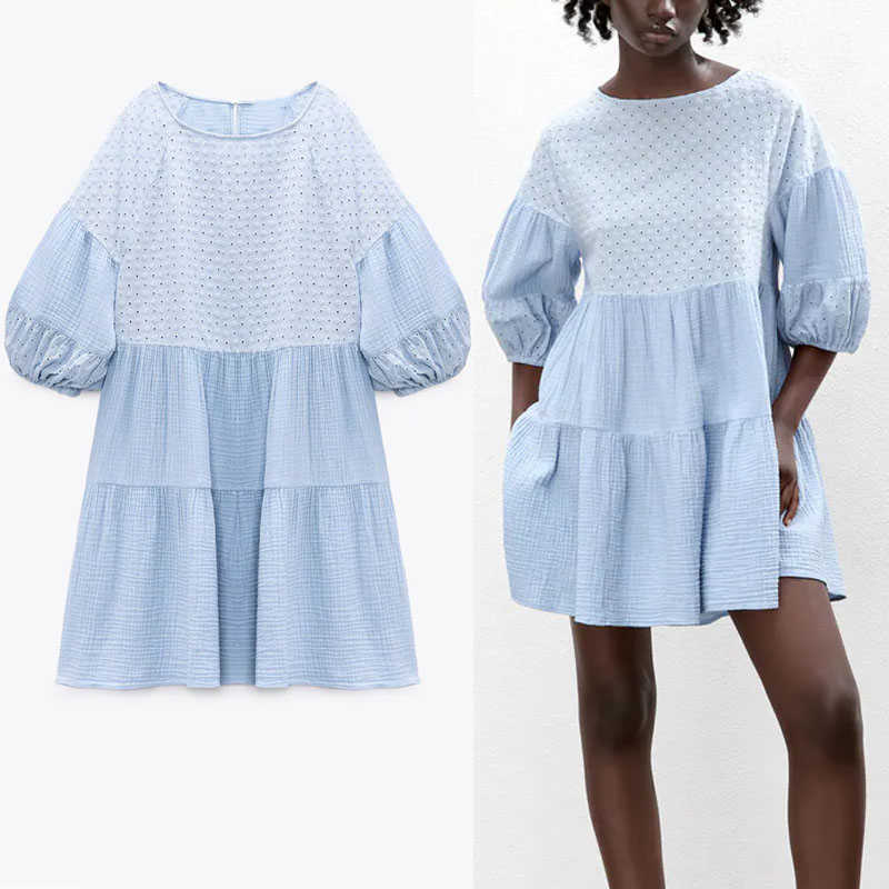 

Za Summer Blue Embroidery Dress Women Puff Sleeve Patchwork Elegant Office Lady Dress Pleat Loose Mini Embroidered Dresses 210602