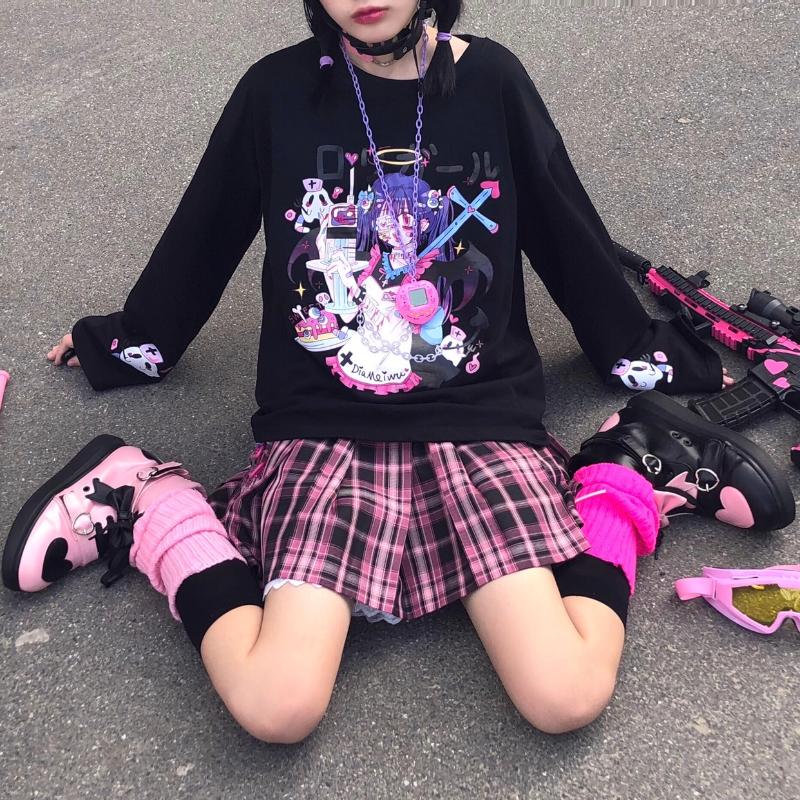 

Women' T-Shirt Anime Maid Printed Long Sleeve Harajuku Loli Soft Girl Wild Base Woman Tshirts Tops, Black