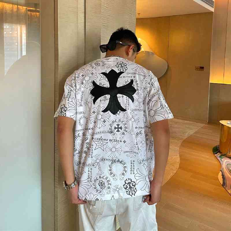 

cotton brand ins loose trendy Trendy cro cross printed short sleeve t-shirt men's round neck half sleeve bottom T-shirt, White;black