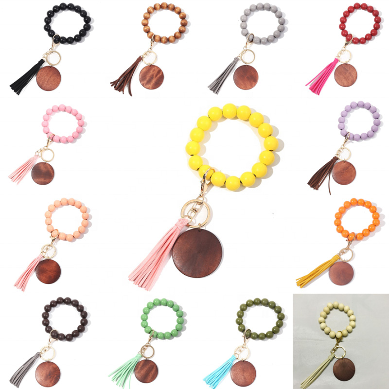 

Wooden Beaded Bracelet Favor Wood Round Disc Keychain Tassel Wrist Strap For Women Jewelry Accessories