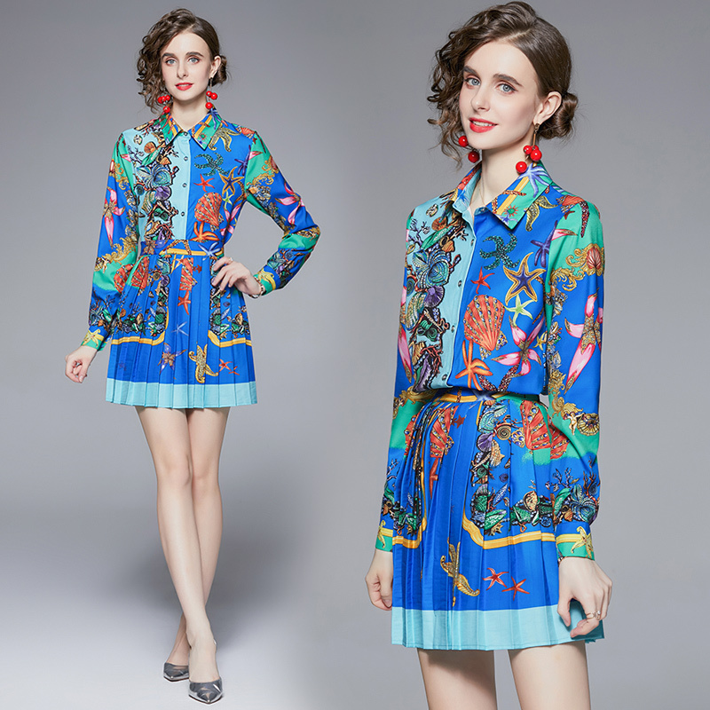 

Dropshipping Wholesale New Arrival Summer Fall 2pcs Women Casual Set Vintage Starfish Print Long Sleeve Top Shirt Blouse Pleated Skirt Suits Outfits, Oh1208