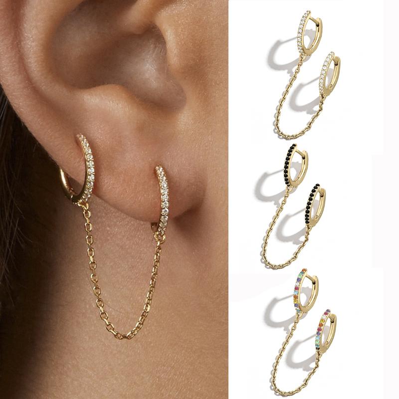 

Punk Two Hole Piercing Round Hoop Earrings For Women Cartilage Brilliant Crystal Zircon Chain Earring Birthday Gift & Huggie